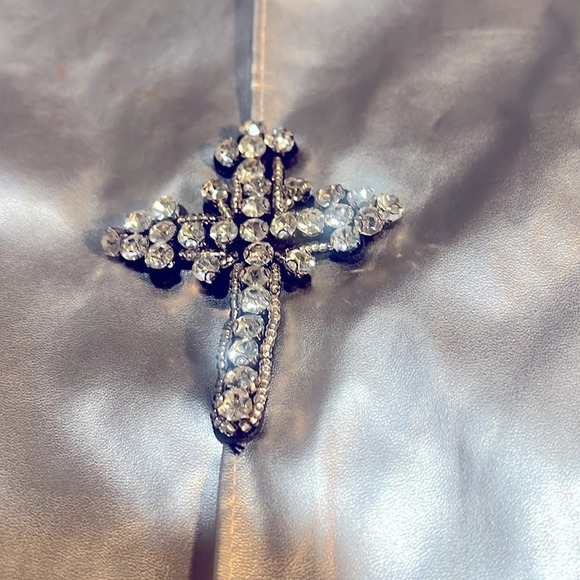 NWT Fashion NOVA Silver Faux Leather Flare Silver Pants w/ Rhinestone Crosses - Picture 11 of 16